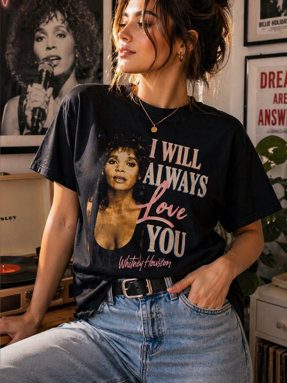 Whitney Houston Graphic Tee Black Band Shirt I Will Always Love You Retro Music